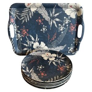 Tropical Hibiscus Tiki  Blue Melamine Tray  + 7 Dinner Plates Caribbean Joe‎